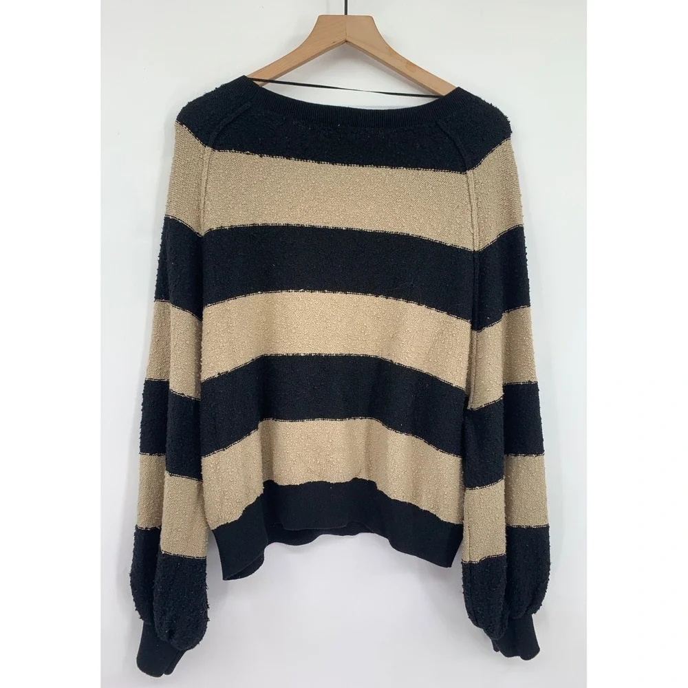 Free People Sweater Womens Small Black Beige Striped Cotton Textured Oversized